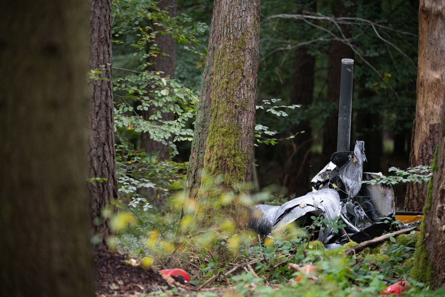Trümmerteile eines Hubschraubers vom Typ Robinson R44 in einem Wald in Buchen.